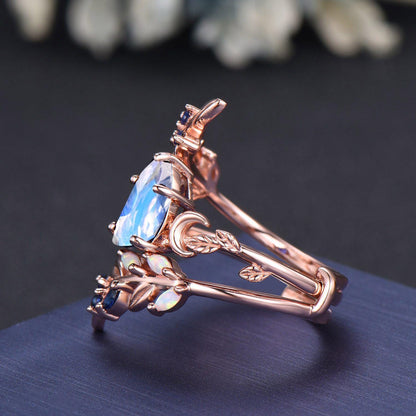 Pear Cut Natural Moonstone Solitaire Bridal Ring 14K Solid Gold Enchanted Vine Bypass Wedding Band Opal Blue Sapphire Leaf Moon Ring Women