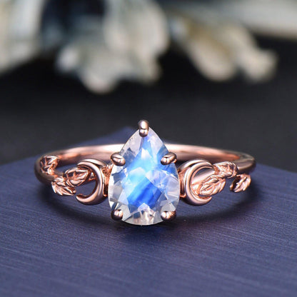 Pear Cut Natural Moonstone Solitaire Bridal Ring 14K Solid Gold Enchanted Vine Bypass Wedding Band Opal Blue Sapphire Leaf Moon Ring Women