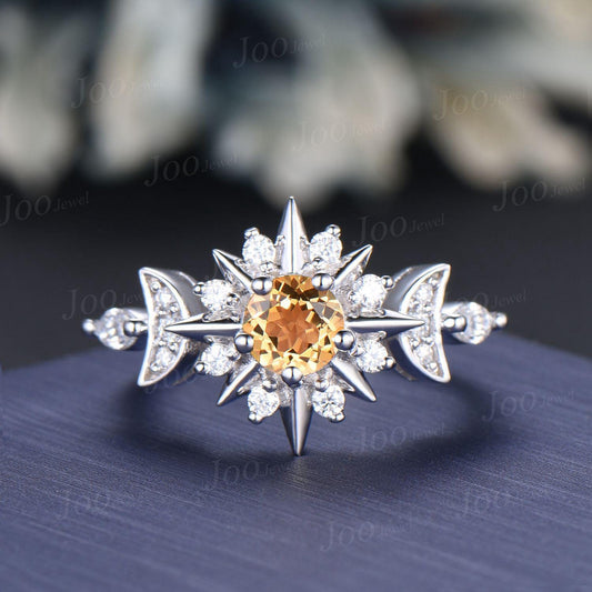 Sun & Moon Nature Citrine Engagement Ring Yellow Gemstone Jewelry Starburst Moon Ring Unique Crystal Healing Stone Ring Birthday Gifts Women