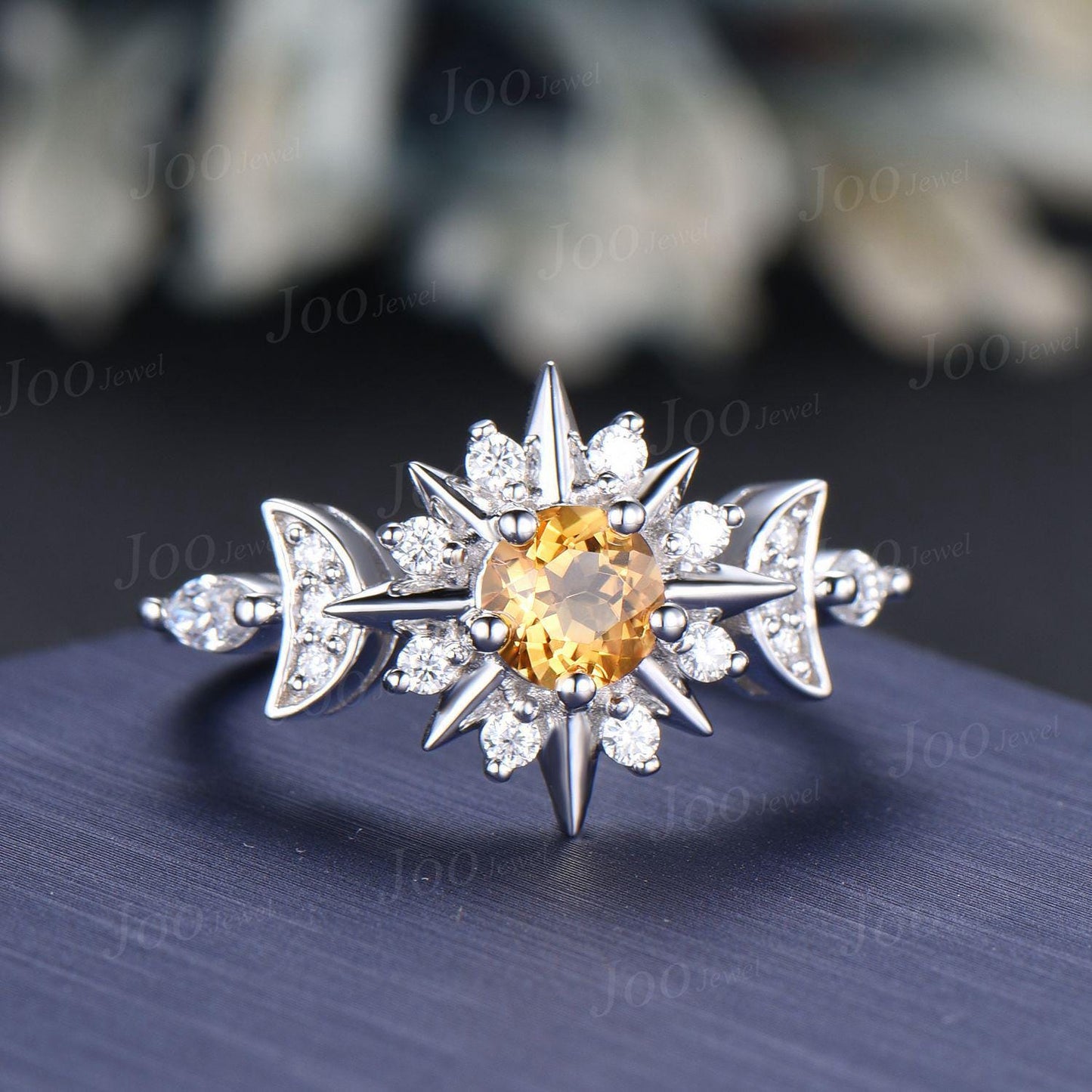 Sun & Moon Nature Citrine Engagement Ring Yellow Gemstone Jewelry Starburst Moon Ring Unique Crystal Healing Stone Ring Birthday Gifts Women