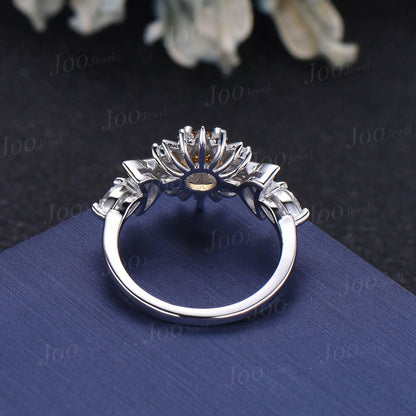 Sun & Moon Nature Citrine Engagement Ring Yellow Gemstone Jewelry Starburst Moon Ring Unique Crystal Healing Stone Ring Birthday Gifts Women
