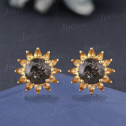 Sunflower Necklace Earrings Round Cut Natural Black Rutilated Quartz Citrine Halo Necklace -You Are My Sunshine Unique Birthday Gifts Women
