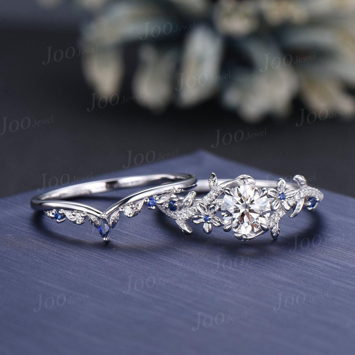 1.5ct IGI Certified Lab Diamond Leaf Ring Set | VVS D Round Diamond with Blue Sapphire Accents | Nature Inspired Engagement Ring for Women