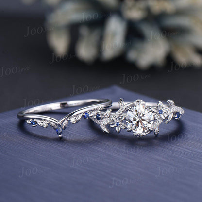1.5ct IGI Certified Lab Diamond Leaf Ring Set | VVS D Round Diamond with Blue Sapphire Accents | Nature Inspired Engagement Ring for Women