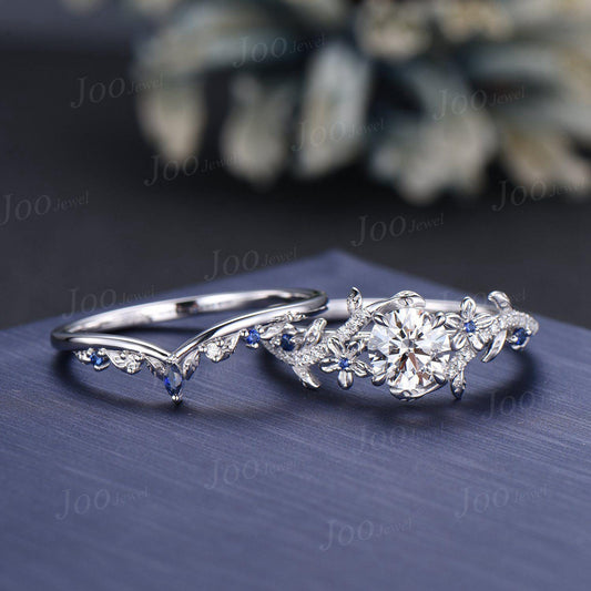 1.5ct IGI Certified Lab Diamond Leaf Ring Set | VVS D Round Diamond with Blue Sapphire Accents | Nature Inspired Engagement Ring for Women