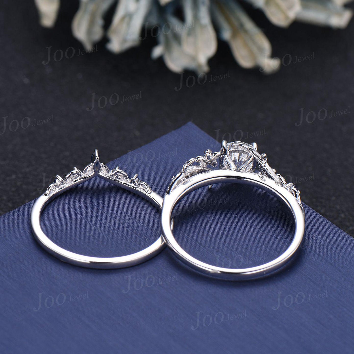 1ct Round Cut Moissanite Engagement Ring Set Sterling Silver Diamond Sapphire Leaf Floral Wedding Bridal Set Unique Proposal Gifts for Women