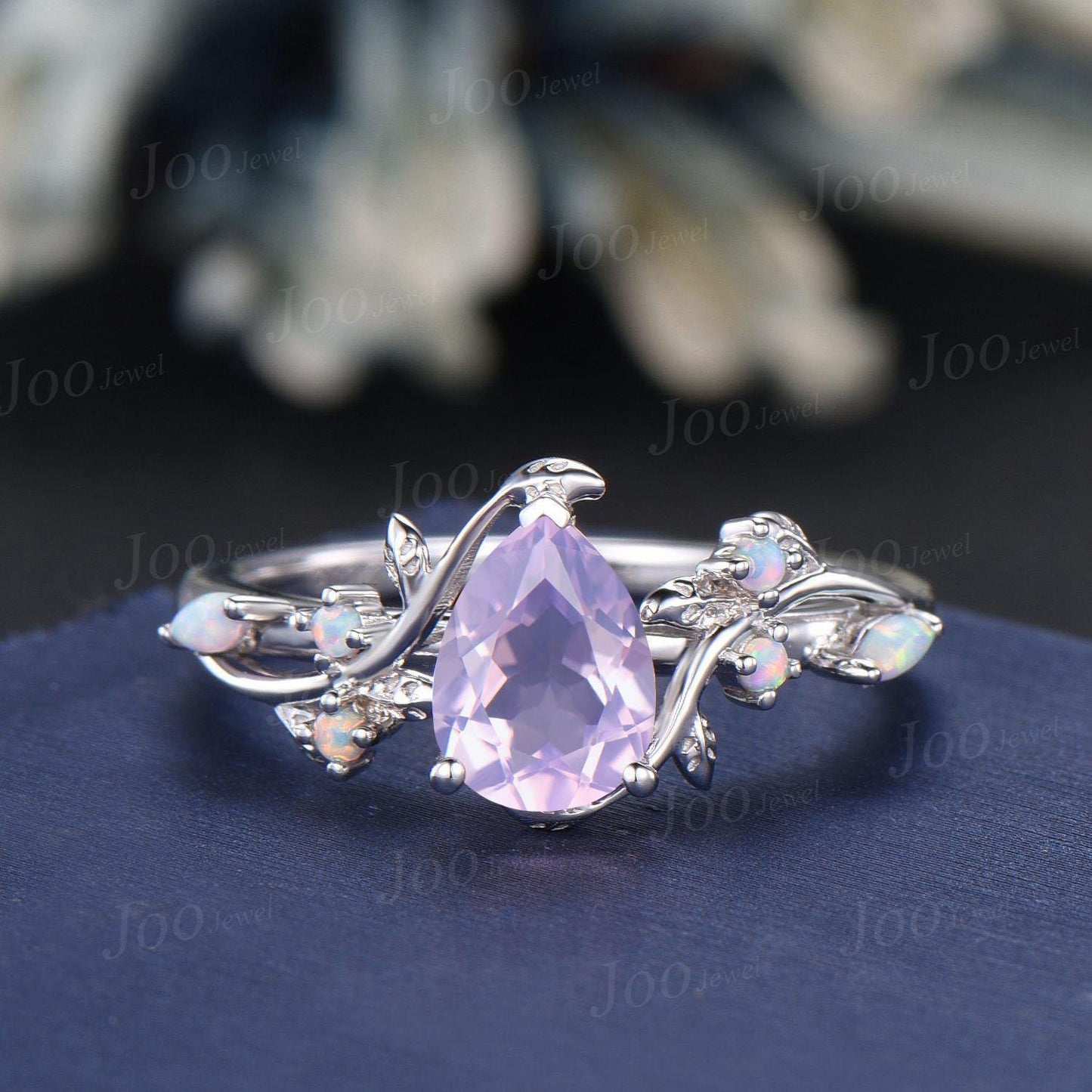 Pear Cut Natural Lavender Amethyst Opal Ring Set Sterling Silver Nature Inspired Branch Leaf Bridal Wedding Ring Unique Spring Romantic Gift