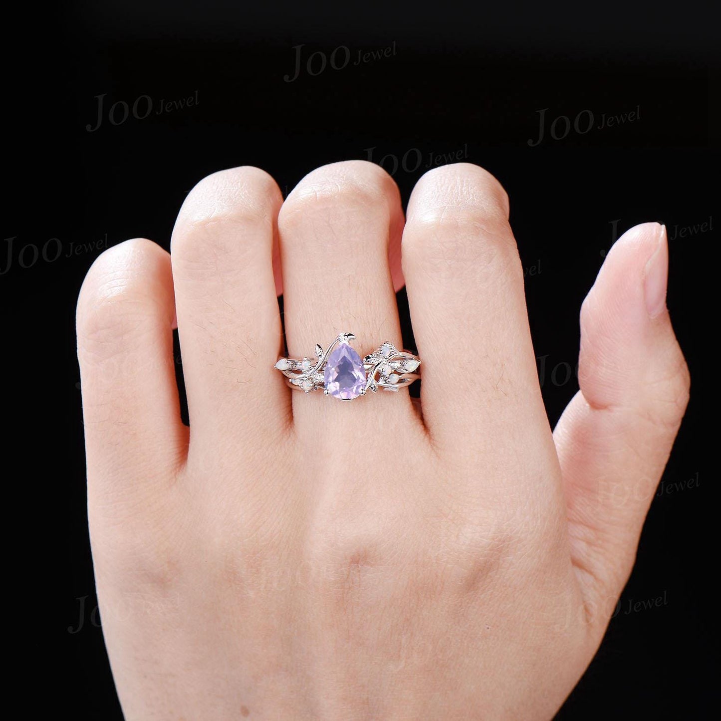 Pear Cut Natural Lavender Amethyst Opal Ring Set Sterling Silver Nature Inspired Branch Leaf Bridal Wedding Ring Unique Spring Romantic Gift
