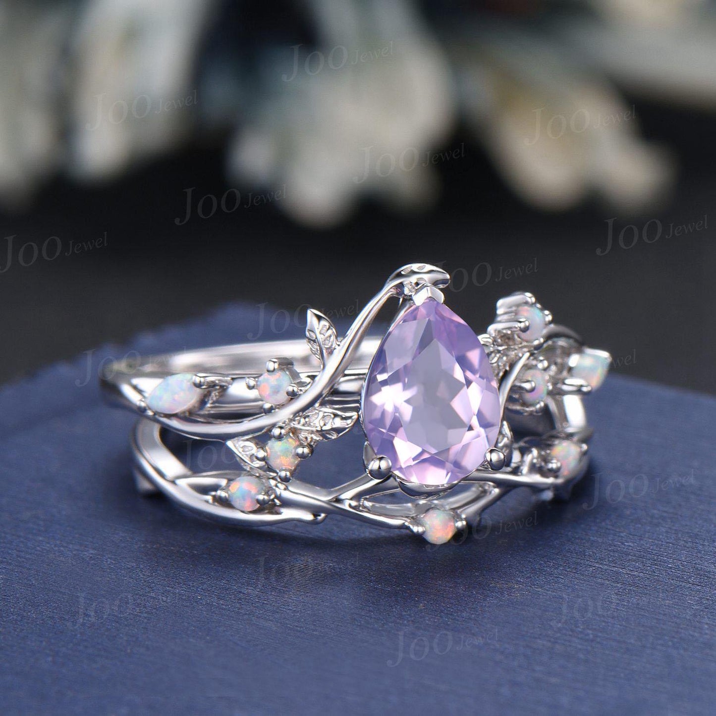 Pear Cut Natural Lavender Amethyst Opal Ring Set Sterling Silver Nature Inspired Branch Leaf Bridal Wedding Ring Unique Spring Romantic Gift