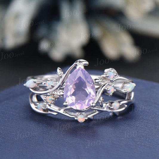 Pear Cut Natural Lavender Amethyst Opal Ring Set Sterling Silver Nature Inspired Branch Leaf Bridal Wedding Ring Unique Spring Romantic Gift