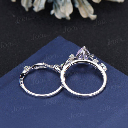 Pear Cut Natural Lavender Amethyst Opal Ring Set Sterling Silver Nature Inspired Branch Leaf Bridal Wedding Ring Unique Spring Romantic Gift
