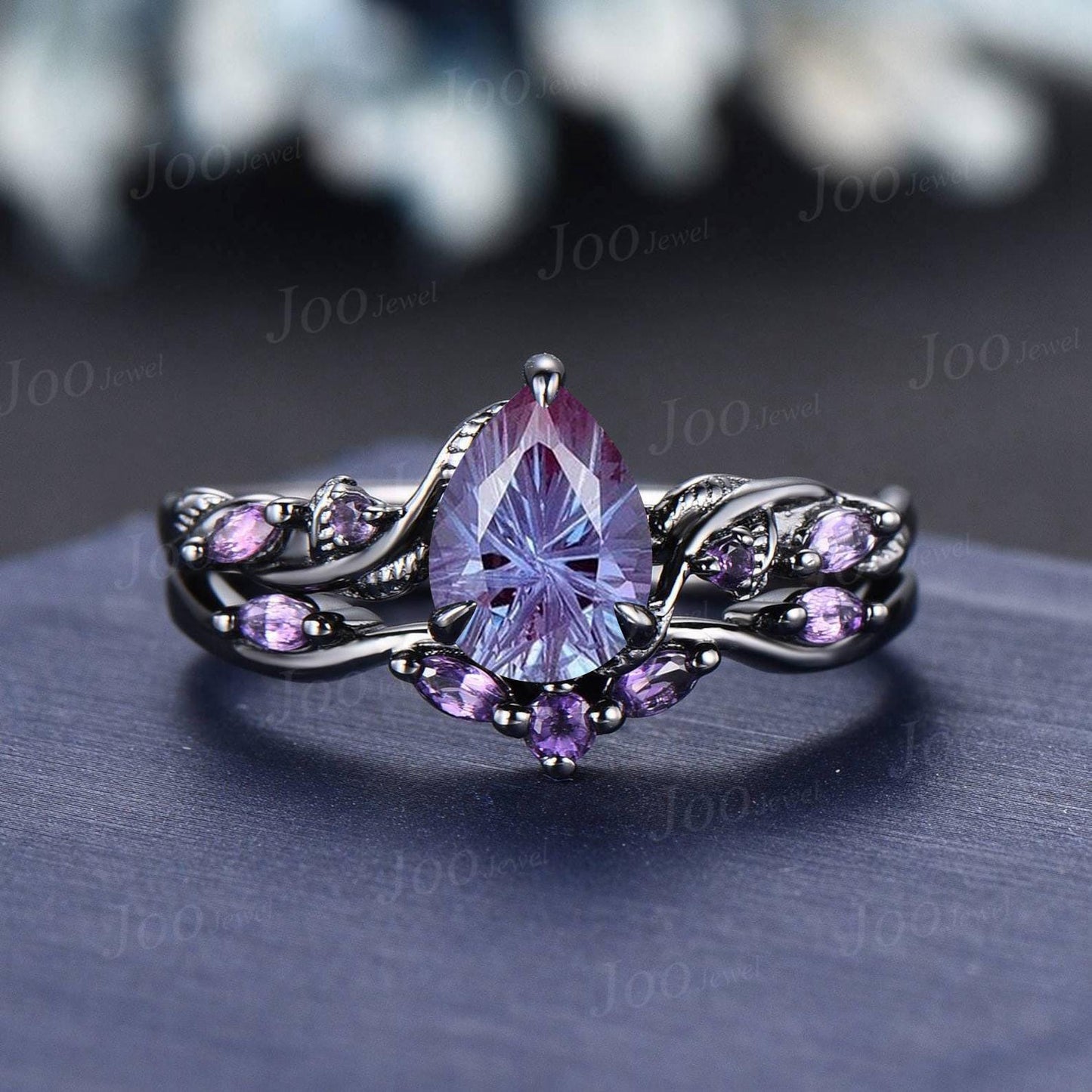 Starbrite Alexandrite Black Gold Bridal Ring Set Solid Gold Amethyst Wedding Ring Fireworks Cut Alexandrite Rings for Women Handmade Jewelry