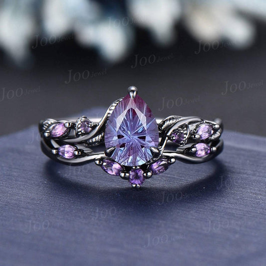 Starbrite Alexandrite Black Gold Bridal Ring Set Solid Gold Amethyst Wedding Ring Fireworks Cut Alexandrite Rings for Women Handmade Jewelry