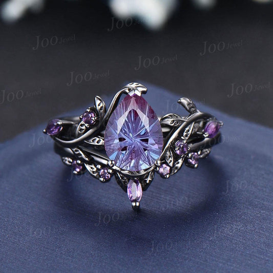 1.25ct Pear Cut Starbrite Alexandrite Black Gold Bridal Rings Anniversary Gift Purple Amethyst Wedding Ring Fireworks Cut Alexandrite Rings