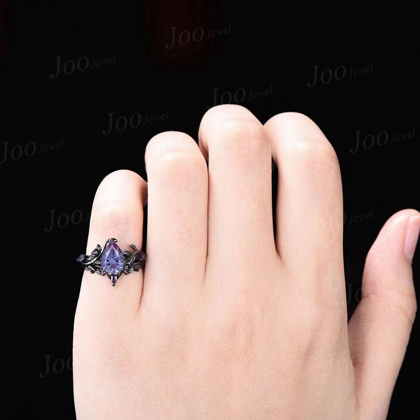 1.25ct Pear Cut Starbrite Alexandrite Black Gold Bridal Rings Anniversary Gift Purple Amethyst Wedding Ring Fireworks Cut Alexandrite Rings