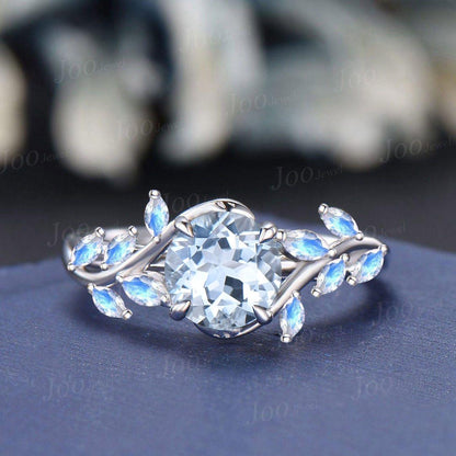 1ct Nature Inspired Round Cut Natural Light Blue Aquamarine Moonstone Ring Sterling Silver Aquamarine Engagement Ring March Birthstone Gifts