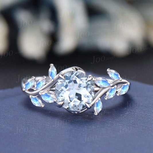1ct Nature Inspired Round Cut Natural Light Blue Aquamarine Moonstone Ring Sterling Silver Aquamarine Engagement Ring March Birthstone Gifts