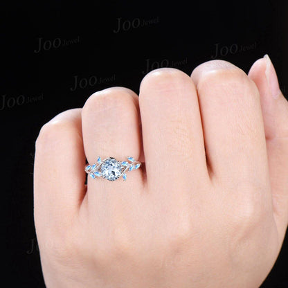 1ct Nature Inspired Round Cut Natural Light Blue Aquamarine Moonstone Ring Sterling Silver Aquamarine Engagement Ring March Birthstone Gifts