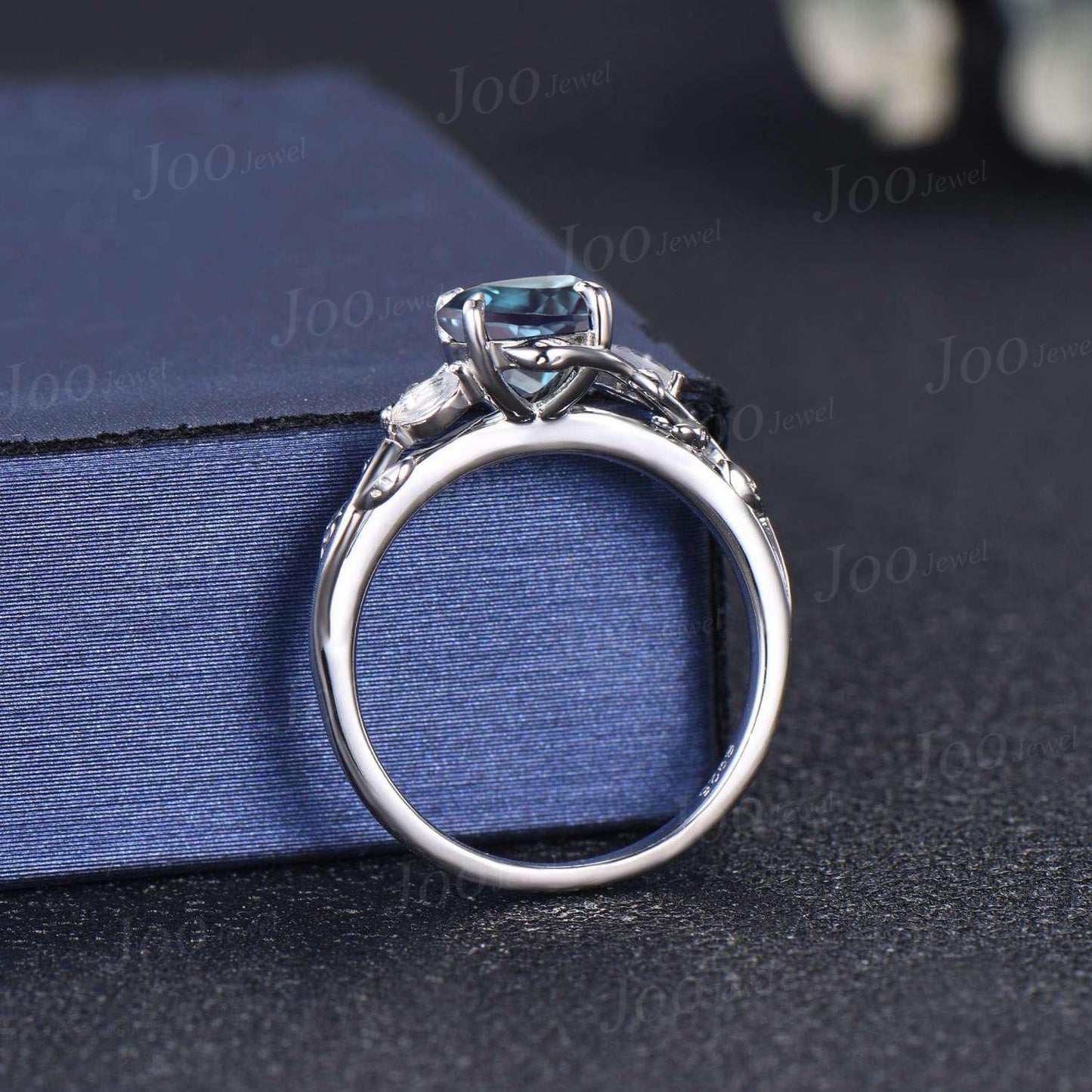 1ct Nature Inspired Round Cut Color-Change Alexandrite Engagement Ring Cluster Marquise Moonstone Ring June Birthstone Jewelry Gifts for Her