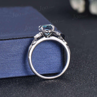1ct Nature Inspired Round Cut Color-Change Alexandrite Engagement Ring Cluster Marquise Moonstone Ring June Birthstone Jewelry Gifts for Her