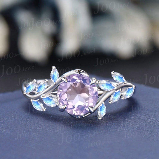 Nature Inspired Lavender Amethyst Moonstone Bridal Set Round Engagement Ring February Birthstone Romantic Birthday/Anniversary Gift for Girl