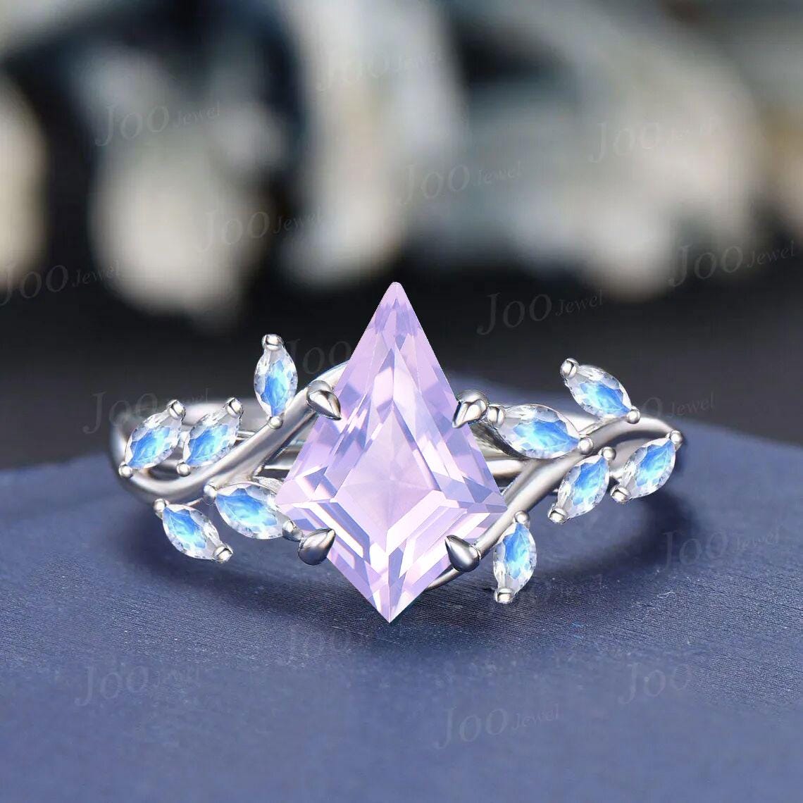 Vintage 2CT Kite Cut Lavender Amethyst Engagement Ring Black Gold Promise Ring Cluster Marquise Moonstone Bridal Wedding Ring Set for Women