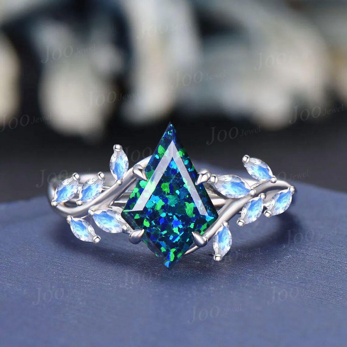 Kite Cut Universe Black Opal Wedding Ring Vintage Natural Marquise Moonstone Hypoallergenic Engagement Rings Twig Vine Bypass Ring for Women
