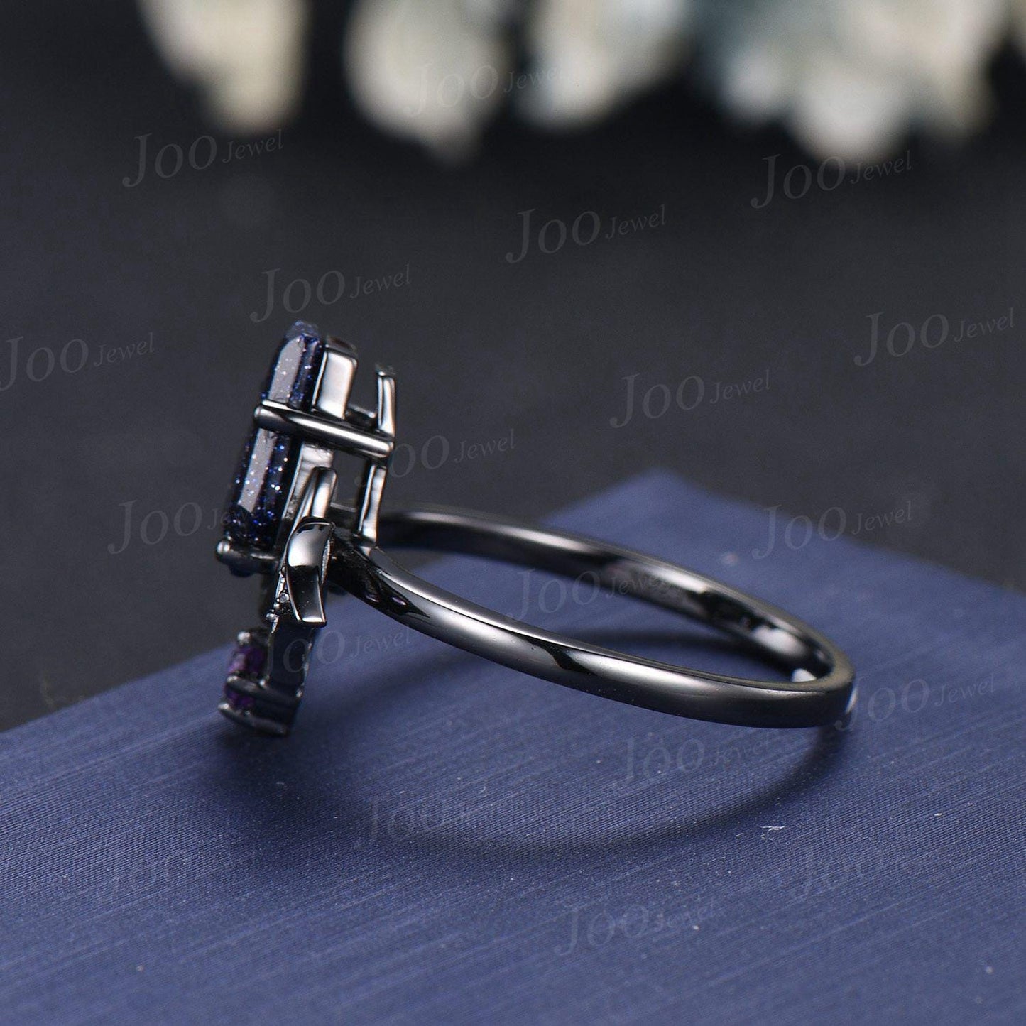 Coffin Cut Galaxy Starry Night Blue Sandstone Amethyst Bridal Ring Unique Blue Goldstone Black Gold Retro Bat Wing Wedding Ring for Women