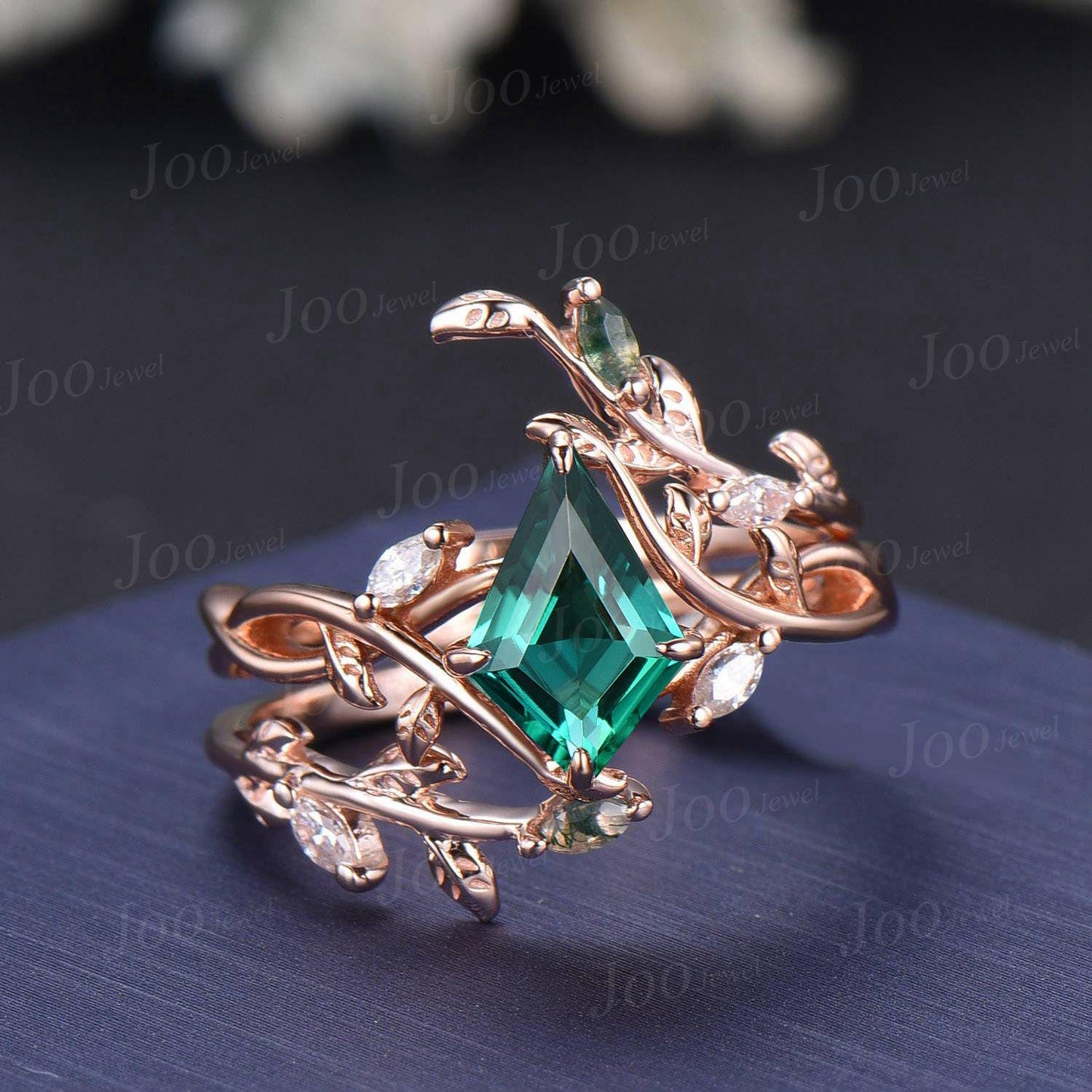 Nature Inspired Kite Cut Green Emerald Twisted Infinity Wedding Ring Enhancer Moss Agate Bypass Wedding Band Unique Non-Traditional Jewelry
