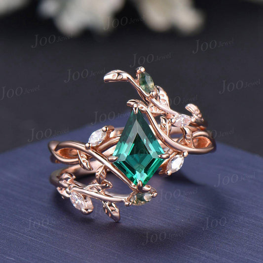Nature Inspired Kite Cut Green Emerald Twisted Infinity Wedding Ring Enhancer Moss Agate Bypass Wedding Band Unique Non-Traditional Jewelry