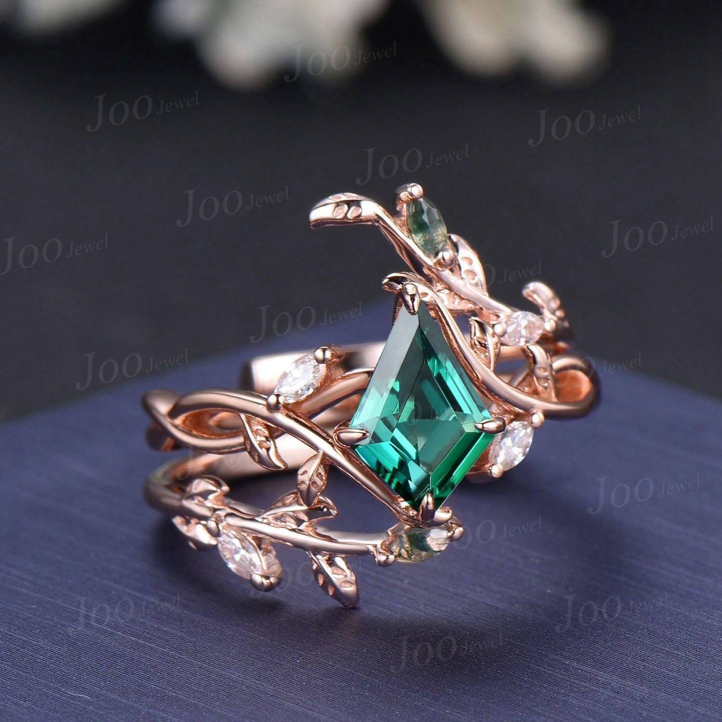 Nature Inspired Kite Cut Green Emerald Twisted Infinity Wedding Ring Enhancer Moss Agate Bypass Wedding Band Unique Non-Traditional Jewelry