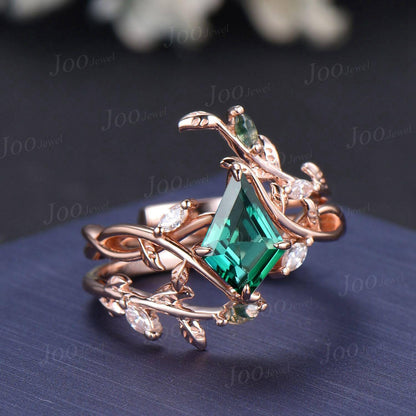Nature Inspired Kite Cut Green Emerald Twisted Infinity Wedding Ring Enhancer Moss Agate Bypass Wedding Band Unique Non-Traditional Jewelry