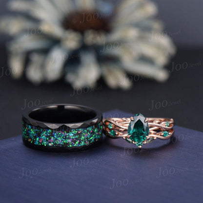 Green Emerald & Black Ceramic Leaf Nature Inspired Couples Ring-His and Hers Wedding Band-Twig Vine Ring Set-Matching Couples Promise Ring