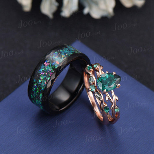 Green Emerald & Black Ceramic Leaf Nature Inspired Couples Ring-His and Hers Wedding Band-Twig Vine Ring Set-Matching Couples Promise Ring