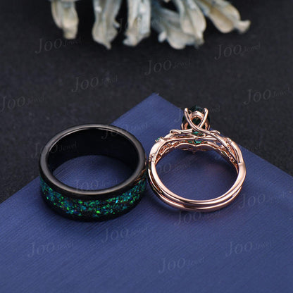 Green Emerald & Black Ceramic Leaf Nature Inspired Couples Ring-His and Hers Wedding Band-Twig Vine Ring Set-Matching Couples Promise Ring