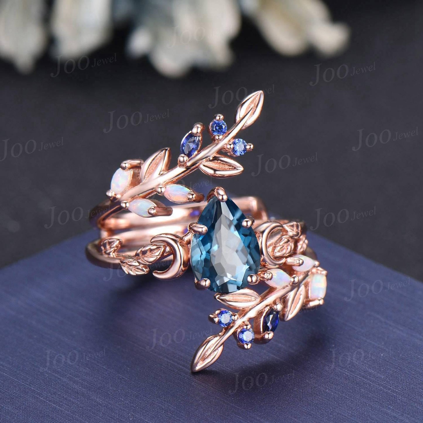 Pear Cut Natural London Blue Topaz Leaf Moon Enhancer Bridal Engagement Ring Sterling Silver Nature Inspired Blue Sapphire Opal Band Women