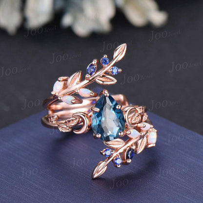 Pear Cut Natural London Blue Topaz Leaf Moon Enhancer Bridal Engagement Ring Sterling Silver Nature Inspired Blue Sapphire Opal Band Women