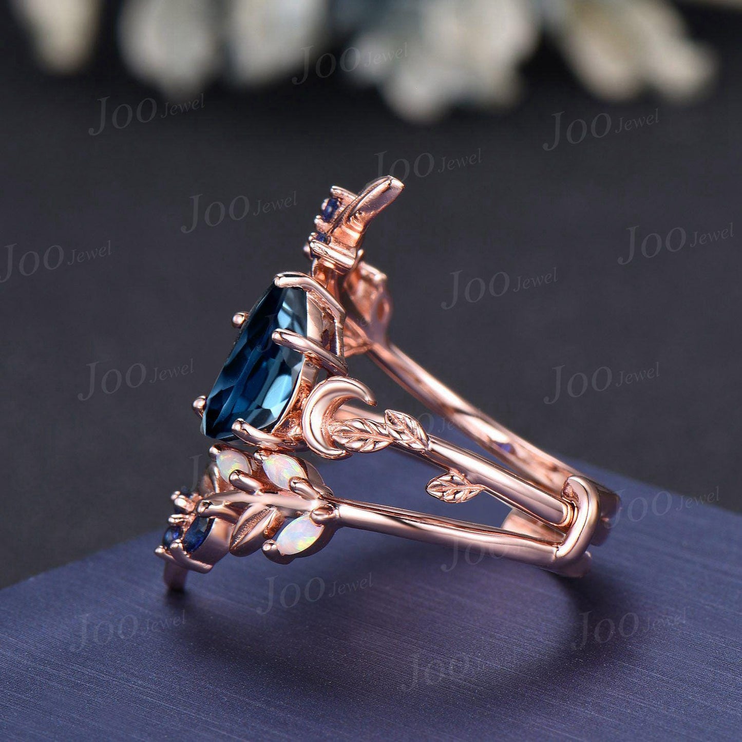 Pear Cut Natural London Blue Topaz Leaf Moon Enhancer Bridal Engagement Ring Sterling Silver Nature Inspired Blue Sapphire Opal Band Women