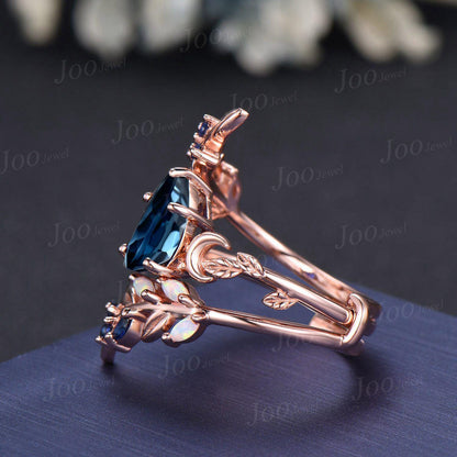Pear Cut Natural London Blue Topaz Leaf Moon Enhancer Bridal Engagement Ring Sterling Silver Nature Inspired Blue Sapphire Opal Band Women