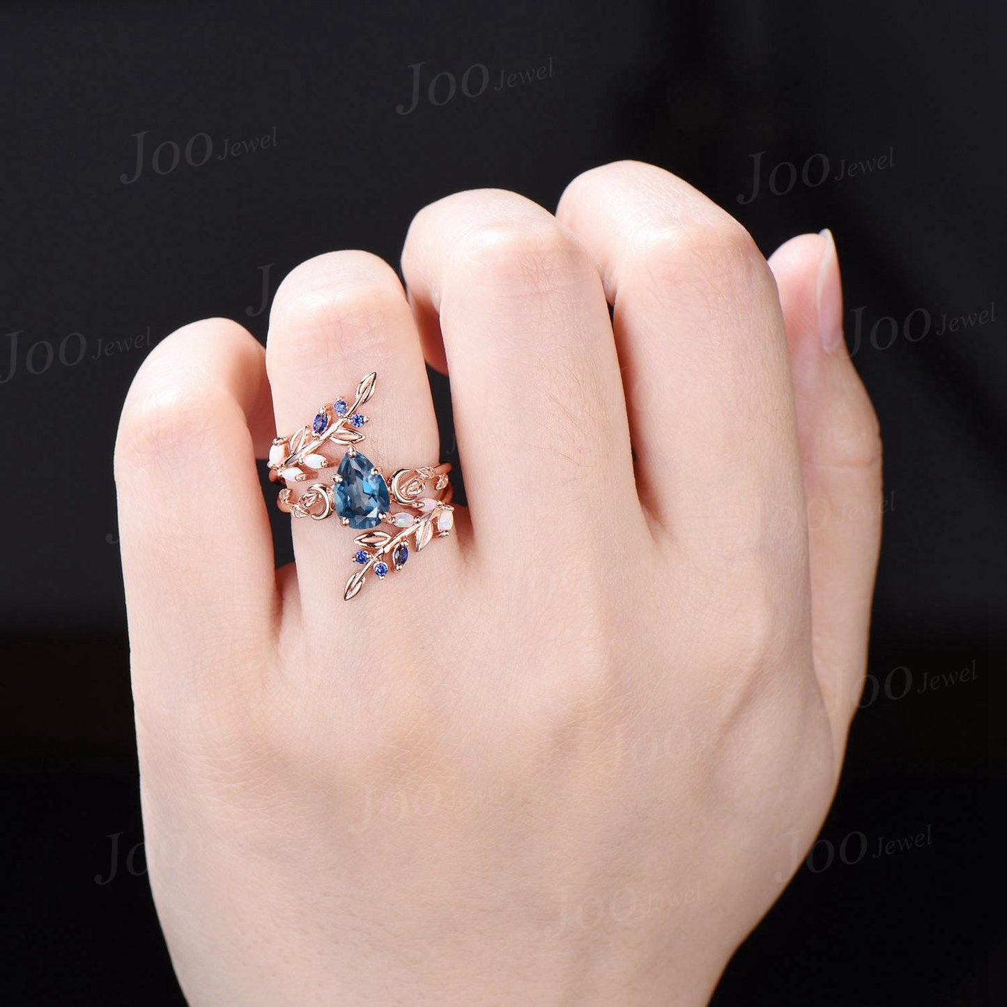 Pear Cut Natural London Blue Topaz Leaf Moon Enhancer Bridal Engagement Ring Sterling Silver Nature Inspired Blue Sapphire Opal Band Women