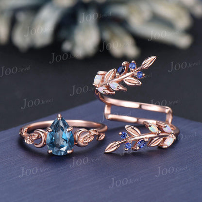 Pear Cut Natural London Blue Topaz Leaf Moon Enhancer Bridal Engagement Ring Sterling Silver Nature Inspired Blue Sapphire Opal Band Women