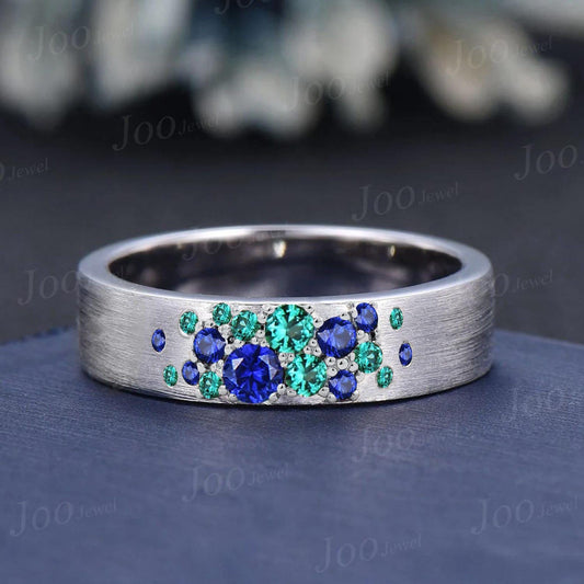 Round Green Emerald& Blue Sapphire Brushed Finish Band Promise Ring for Men Women in 10k/14k/18k White Gold Art Deco Cluster Wedding Band