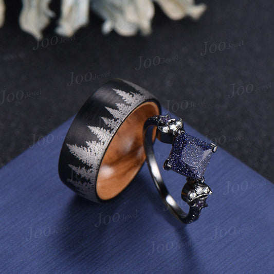 2ct Princess Cut Blue Sandstone Moon Star Couple Ring, His & Her Matching Wedding Ring Tungsten Carbide Men's Black Forest Tree Couple Band