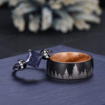 2ct Princess Cut Blue Sandstone Moon Star Couple Ring, His & Her Matching Wedding Ring Tungsten Carbide Men's Black Forest Tree Couple Band
