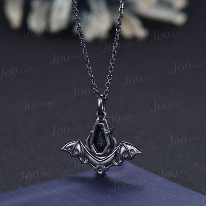 Gothic Blue Sandstone Moon Pendant Necklace Coffin Cut Starry Sky Galaxy Blue Goldstone Amethyst Bat Wing Retro 18K Black Gold Chain Pendant