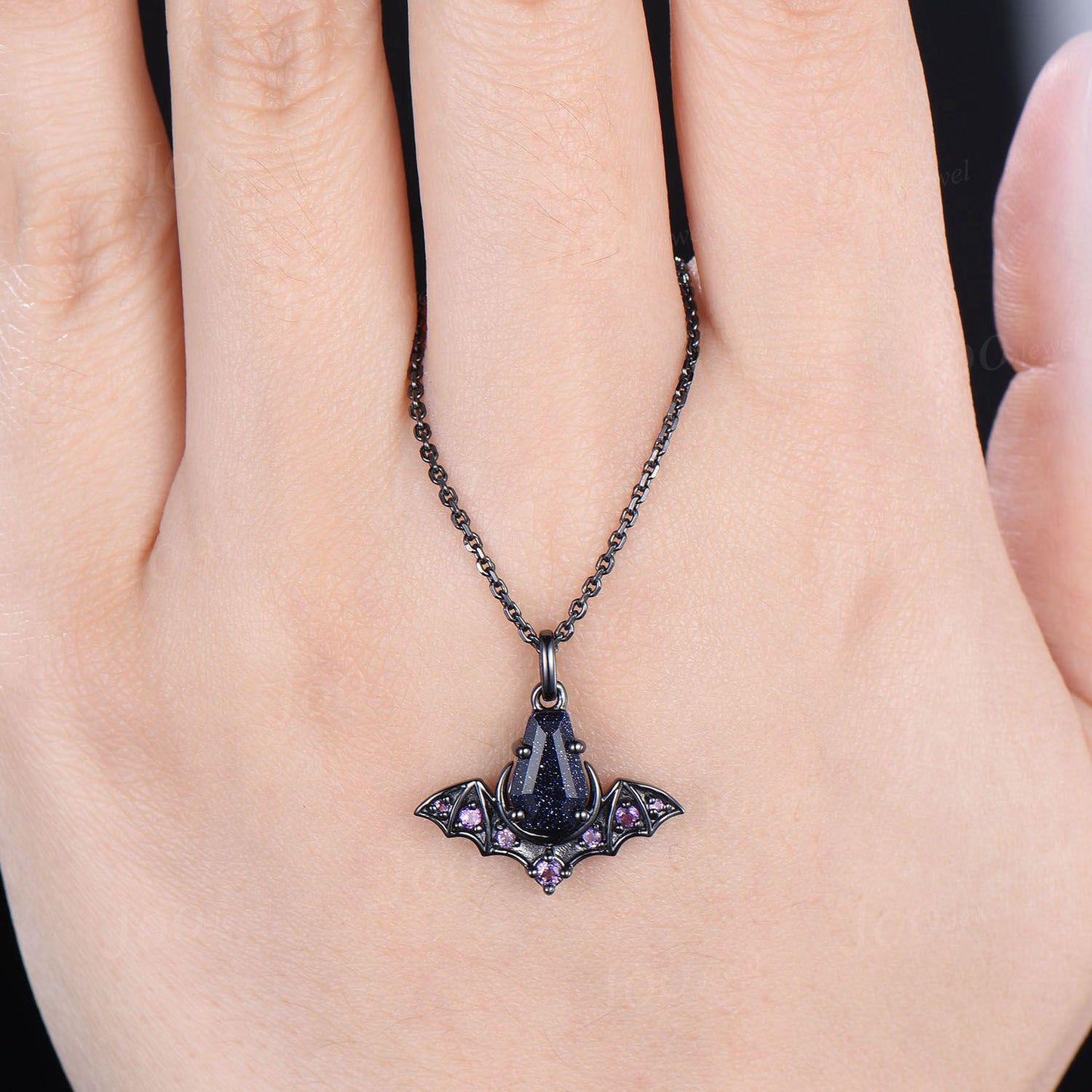 Gothic Blue Sandstone Moon Pendant Necklace Coffin Cut Starry Sky Galaxy Blue Goldstone Amethyst Bat Wing Retro 18K Black Gold Chain Pendant