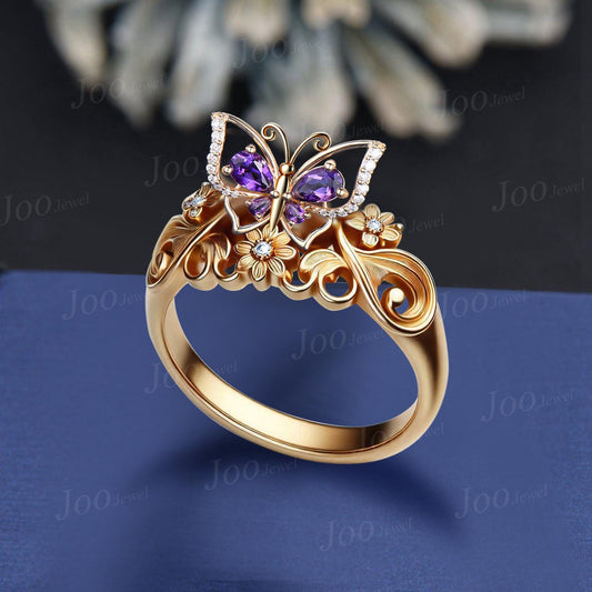 Natural Teardrop Amethyst Diamond Butterfly Flower Engagement Ring in 14K Yellow Gold Filigree Hollow Vintage Fantasy Butterfly Wedding Ring