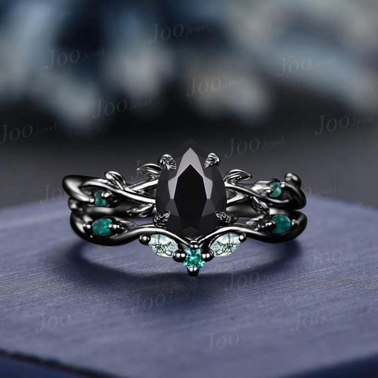 Pear Cut Natural Black Onyx Engagement Ring Black Gold Ring Twisted Vine Emerald Agate Wedding Ring Nature Inspired Ring Bridal Promise Ring