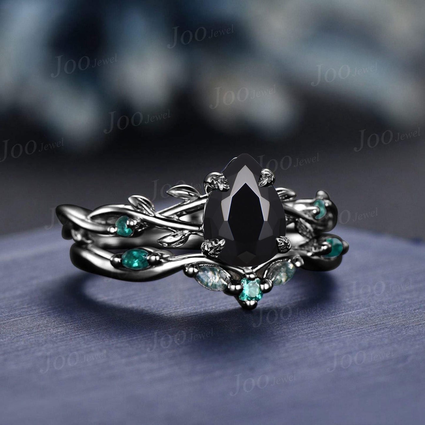 Pear Cut Natural Black Onyx Engagement Ring Black Gold Ring Twisted Vine Emerald Agate Wedding Ring Nature Inspired Ring Bridal Promise Ring