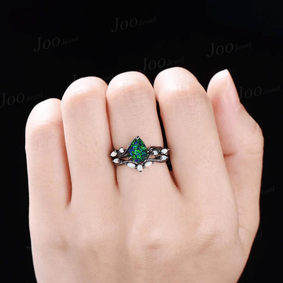 1.25ct Pear Black Opal Wedding Ring Set 10K Black Gold Branch Vine Black Engagement Ring Antique Fire Opal Ring for Women Black Bridal Ring